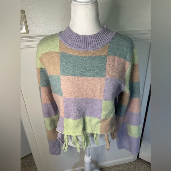 Storia Sweaters - Storia Purple and Green Crew Neck Sweater Geometric Design with fringe size M